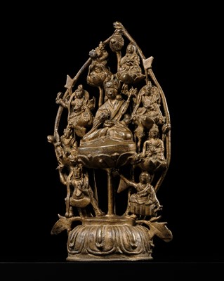 Lot 91 - A GILT BRONZE FIGURE OF PADMASAMBHAVA AND HIS EIGHT MANIFESTATIONS, TIBET, CIRCA 16TH-18TH CENTURY