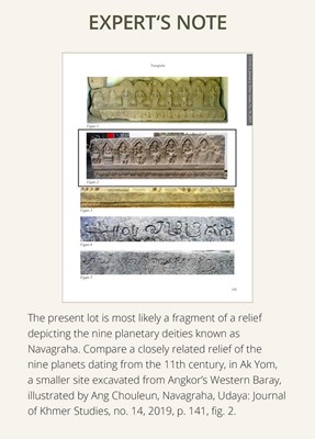 Lot 2 - A SANDSTONE RELIEF DEPICTING SURYA AND CHANDRA FROM THE NAVAGRAHA, ANGKOR PERIOD, 11TH-12TH CENTURY