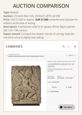 Lot 2 - A SANDSTONE RELIEF DEPICTING SURYA AND CHANDRA FROM THE NAVAGRAHA, ANGKOR PERIOD, 11TH-12TH CENTURY