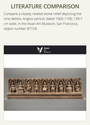 Lot 2 - A SANDSTONE RELIEF DEPICTING SURYA AND CHANDRA FROM THE NAVAGRAHA, ANGKOR PERIOD, 11TH-12TH CENTURY