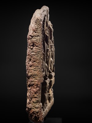 Lot 2 - A SANDSTONE RELIEF DEPICTING SURYA AND CHANDRA FROM THE NAVAGRAHA, ANGKOR PERIOD, 11TH-12TH CENTURY