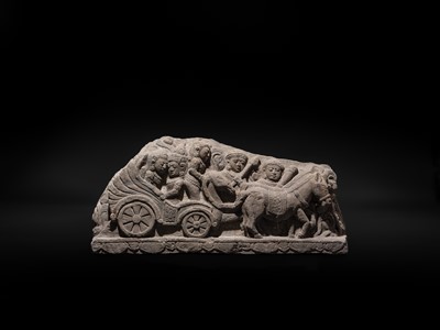 Lot 51 - A RARE ANDESITE RELIEF PANEL DEPICTING RAMA, SITA, AND LAKSHMANA LEAVING AYODHYA FOR EXILE, 9TH-13TH CENTURY