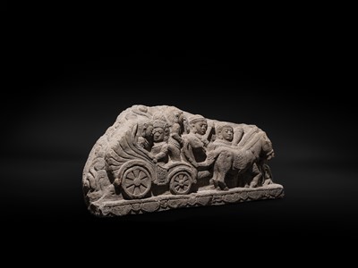 Lot 51 - A RARE ANDESITE RELIEF PANEL DEPICTING RAMA, SITA, AND LAKSHMANA LEAVING AYODHYA FOR EXILE, 9TH-13TH CENTURY