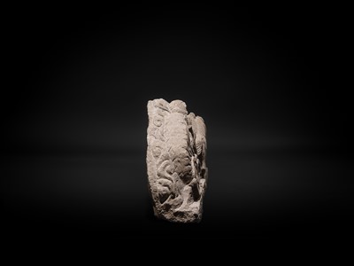 Lot 51 - A RARE ANDESITE RELIEF PANEL DEPICTING RAMA, SITA, AND LAKSHMANA LEAVING AYODHYA FOR EXILE, 9TH-13TH CENTURY