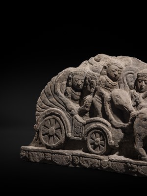 Lot 51 - A RARE ANDESITE RELIEF PANEL DEPICTING RAMA, SITA, AND LAKSHMANA LEAVING AYODHYA FOR EXILE, 9TH-13TH CENTURY