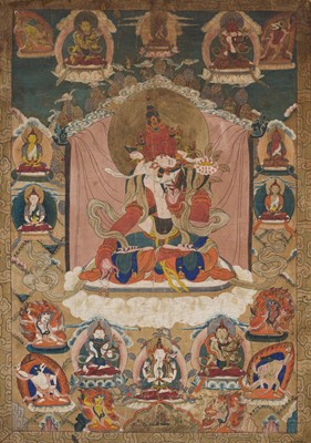 Lot 200 - A THANGKA OF RED CHENZERIG WITH CONSORT, TIBET, 19TH CENTURY