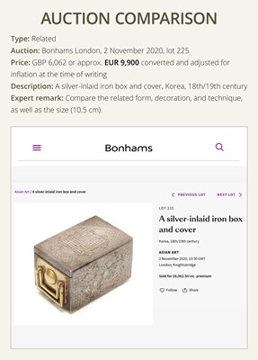 Lot 137 - A SILVER-INLAID IRON TOBACCO BOX AND COVER, JOSEON DYNASTY