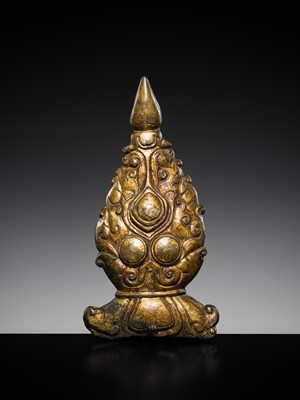 Lot 194 - A LARGE GILT-BRONZE FLAMING TRIPLE GEM PLAQUE, TRIRATNA, TIBET, 15th-16th CENTURY