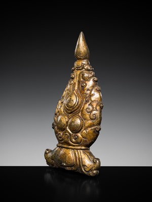 Lot 194 - A LARGE GILT-BRONZE FLAMING TRIPLE GEM PLAQUE, TRIRATNA, TIBET, 15th-16th CENTURY