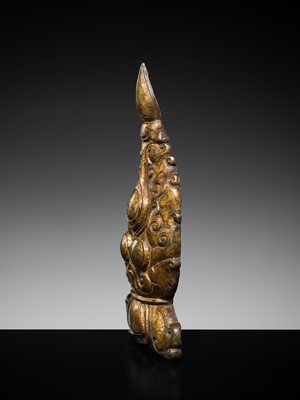 Lot 194 - A LARGE GILT-BRONZE FLAMING TRIPLE GEM PLAQUE, TRIRATNA, TIBET, 15th-16th CENTURY