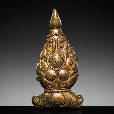 Lot 194 - A LARGE GILT-BRONZE FLAMING TRIPLE GEM PLAQUE, TRIRATNA, TIBET, 15th-16th CENTURY