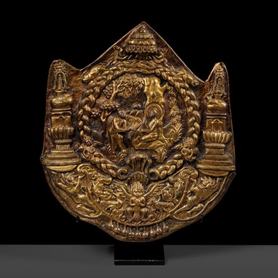 Lot 68 - A GILT-COPPER REPOUSSÉ PLAQUE DEPICTING A SCENE FROM THE LIFE OF BUDDHA, CIRCA 15TH CENTURY