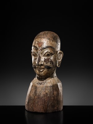 Lot 116 - A RARE CARVED WOOD BUST OF SHIVA, LATE MALLA, THREE KINGDOMS PERIOD