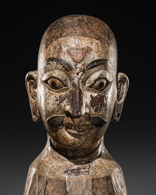 Lot 116 - A RARE CARVED WOOD BUST OF SHIVA, LATE MALLA, THREE KINGDOMS PERIOD