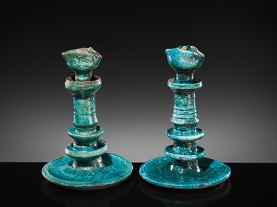 Lot 139 - A GROUP OF TWO RARE PERSIAN TURQUOISE-GLAZED POTTERY OIL LAMPS