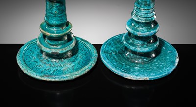 Lot 139 - A GROUP OF TWO RARE PERSIAN TURQUOISE-GLAZED POTTERY OIL LAMPS