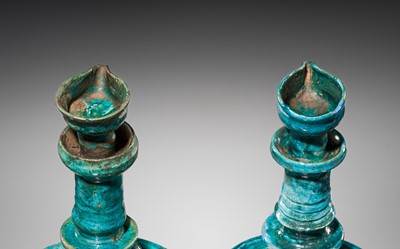 Lot 139 - A GROUP OF TWO RARE PERSIAN TURQUOISE-GLAZED POTTERY OIL LAMPS