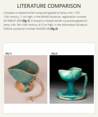 Lot 139 - A GROUP OF TWO RARE PERSIAN TURQUOISE-GLAZED POTTERY OIL LAMPS