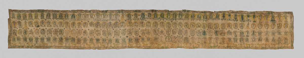 Lot 102 - AN EXTREMELY LARGE (780 CM) TEMPLE BANNER WITH NUMEROUS BUDDHAS AND DEITIES, TIBET, 17TH-18TH CENTURY