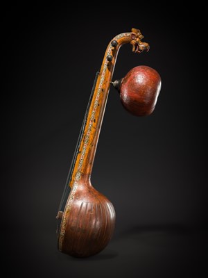 Lot 103 - A CARVED WOOD LONG-NECKED LUTE, SARASWATI VEENA, CHENNAI