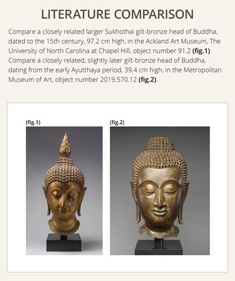 Lot 25 - A MONUMENTAL GILT BRONZE HEAD OF BUDDHA, SUKHOTHAI KINGDOM, 15TH CENTURY