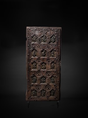 Lot 96 - A COFFERED WOOD DOOR DEPICTING DANCING DEITIES, 19TH TO 20TH CENTURY OR EARLIER