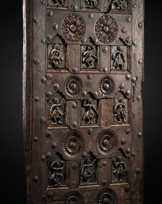 Lot 96 - A COFFERED WOOD DOOR DEPICTING DANCING DEITIES, 19TH TO 20TH CENTURY OR EARLIER