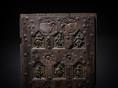 Lot 96 - A COFFERED WOOD DOOR DEPICTING DANCING DEITIES, 19TH TO 20TH CENTURY OR EARLIER
