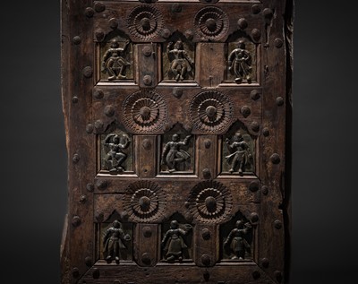Lot 96 - A COFFERED WOOD DOOR DEPICTING DANCING DEITIES, 19TH TO 20TH CENTURY OR EARLIER