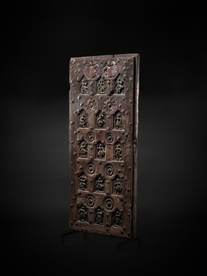 Lot 96 - A COFFERED WOOD DOOR DEPICTING DANCING DEITIES, 19TH TO 20TH CENTURY OR EARLIER