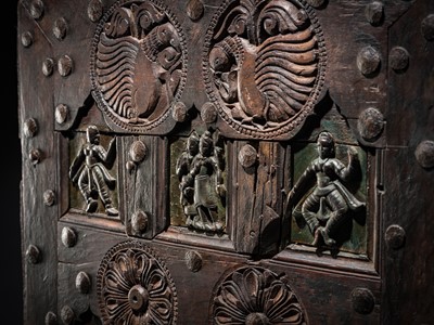 Lot 96 - A COFFERED WOOD DOOR DEPICTING DANCING DEITIES, 19TH TO 20TH CENTURY OR EARLIER