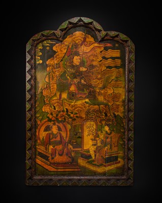 Lot 104 - AN IMPORTANT AND RARE PAINTED WOOD WALL PANEL DEPICTING KING GESAR, TIBET, 18TH CENTURY