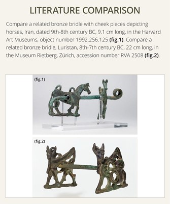 Lot 163 - A BRONZE HORSE BRIDLE WITH ‘IBEX’ CHEEK PIECES, LURISTAN, 9TH-7TH CENTURY BC