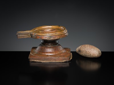 Lot 188 - A STONE LINGAM AND COPPER YONI, INDIA, 19TH CENTURY OR EARLIER