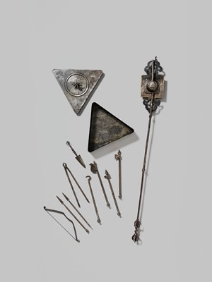 Lot 5 - A GILT, BRONZE AND COPPER INLAID IRON SET OF RITUAL IMPLEMENTS, 16TH-18TH CENTURY – EXCEEDINGLY RARE!