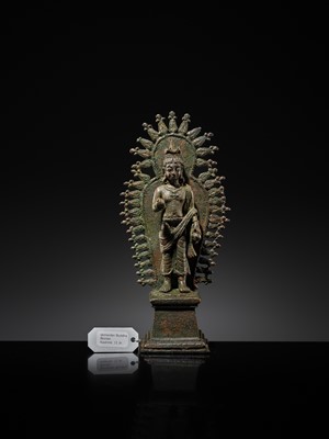 Lot 63 - A RARE AND IMPORTANT SILVER-INLAID BRONZE FIGURE OF MAITREYA, POST-GANDHARA, SWAT VALLEY OR KASHMIR, 6TH-7TH CENTURY