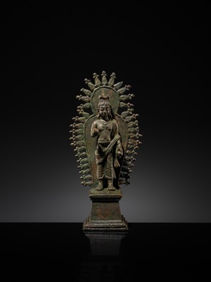 Lot 63 - A RARE AND IMPORTANT SILVER-INLAID BRONZE FIGURE OF MAITREYA, POST-GANDHARA, SWAT VALLEY OR KASHMIR, 6TH-7TH CENTURY