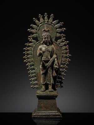 Lot 63 - A RARE AND IMPORTANT SILVER-INLAID BRONZE FIGURE OF MAITREYA, POST-GANDHARA, SWAT VALLEY OR KASHMIR, 6TH-7TH CENTURY