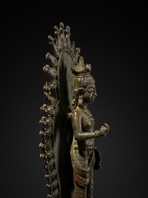 Lot 63 - A RARE AND IMPORTANT SILVER-INLAID BRONZE FIGURE OF MAITREYA, POST-GANDHARA, SWAT VALLEY OR KASHMIR, 6TH-7TH CENTURY