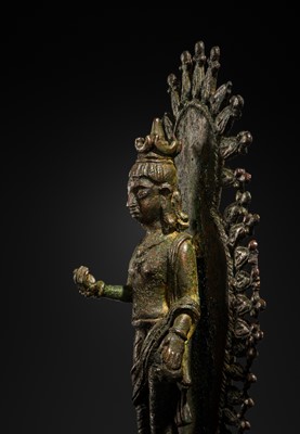 Lot 63 - A RARE AND IMPORTANT SILVER-INLAID BRONZE FIGURE OF MAITREYA, POST-GANDHARA, SWAT VALLEY OR KASHMIR, 6TH-7TH CENTURY
