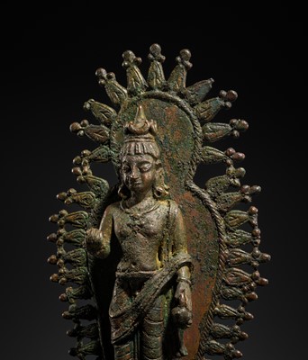 Lot 63 - A RARE AND IMPORTANT SILVER-INLAID BRONZE FIGURE OF MAITREYA, POST-GANDHARA, SWAT VALLEY OR KASHMIR, 6TH-7TH CENTURY