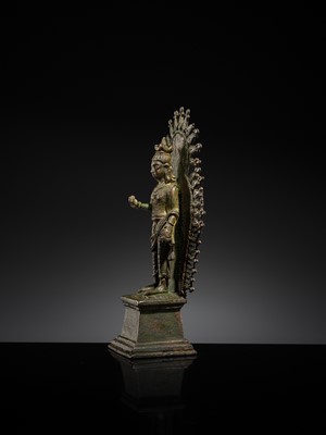 Lot 63 - A RARE AND IMPORTANT SILVER-INLAID BRONZE FIGURE OF MAITREYA, POST-GANDHARA, SWAT VALLEY OR KASHMIR, 6TH-7TH CENTURY