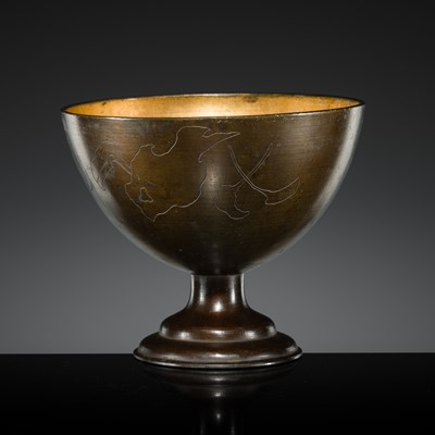 Lot 254 - AN INSCRIBED PARCEL-GILT BRONZE RITUAL OFFERING BOWL, JAPAN, DATED 1886