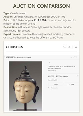 Lot 146 - A BLACK-LACQUERED WHITE MARBLE HEAD OF BUDDHA, SHAN STYLE, 18TH-19TH CENTURY