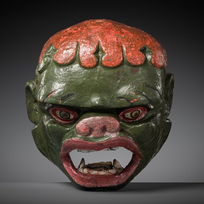 Lot 228 - A MONPA POLYCHROME WOOD RITUAL MASK, TIBET, CIRCA 1850