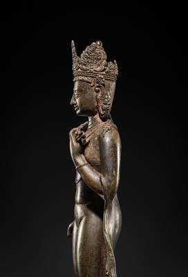 Lot 66 - A LARGE SILVER-INLAID BRONZE FIGURE OF THE CROWNED BUDDHA, KASHMIR, 9TH-10TH CENTURY