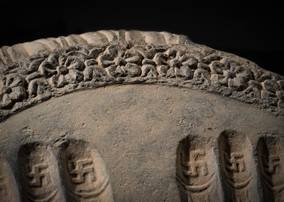 Lot 60 - A SCHIST RELIEF OF THE FOOTPRINTS OF BUDDHA, BUDDHAPADA, 4TH-5TH CENTURY OR EARLIER