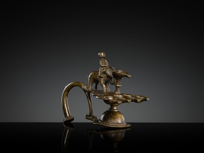 Lot 180 - A BRONZE ‘ELEPHANT AND MAHOUT’ ARATI LAMP, MAHARASHTRA