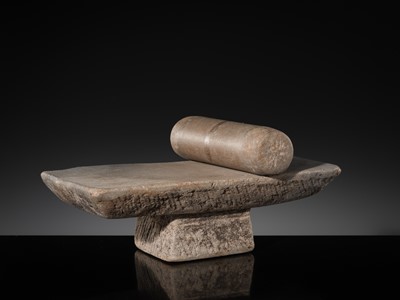 Lot 7 - A SANDSTONE PESANI (GRINDING STONE) AND GRINDER, ANGKOR PERIOD