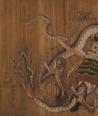 Lot 268 - KATSUSHIKA HOKUSAI: AN IMPORTANT AND EXCEPTIONALLY RARE VOTIVE PLAQUE (EMA) OF MINAMOTO NO YOSHITSUNE SLAYING THE WHITE DRAGON